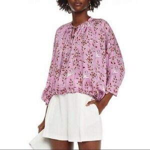 Rhode Helene Gathered Floral Print Crepe Blouse Pink
